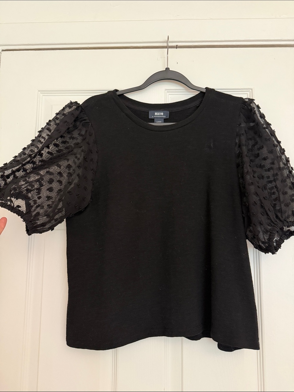 Maeve Black Puff-Sleeve Dot Mesh Tee